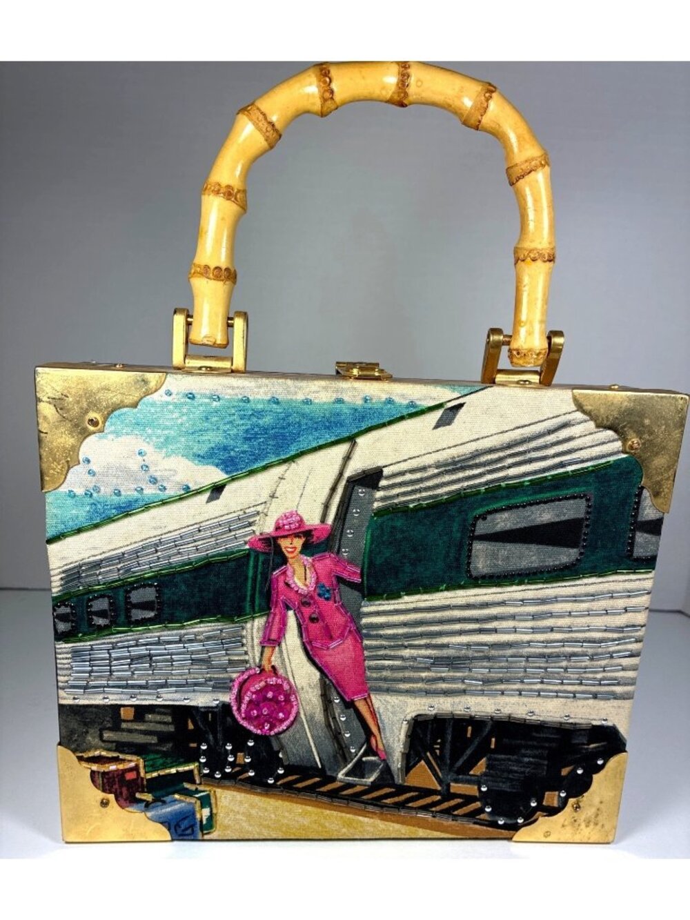 Cigar Box Purse Lady Train Scene Bamboo Handle Novelty Bag
